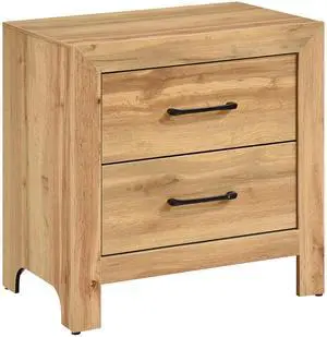 Natural Finish 2-Drawers Nightstand Storage Bedroom Furniture, Black Handles Bedside Table 1pc