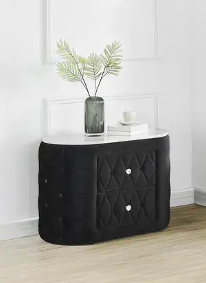 1pc Black Nightstand Upholstery Fabric Marble Top Two Storage Drawers Wooden Bedroom Furniture Oval Black