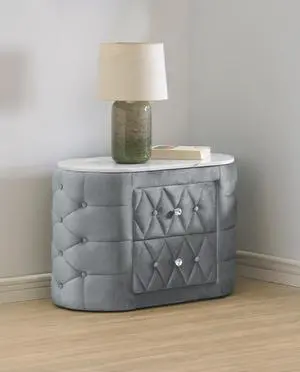 1pc Gray Nightstand Upholstery Fabric Marble Top Two Storage Drawers Wooden Bedroom Furniture Oval Grey
