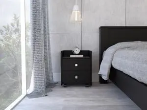 Aura Nightstand , End Table, Side Table Metal Handle, Two Drawers, Superior Top -Black