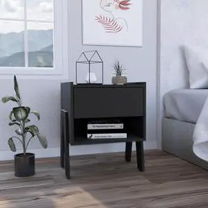 Joy Nightstand , End Table, Side Table Four Legs, One Open Shelf, One Drawer  -Black