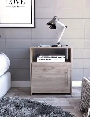 Nordico Nightstand , End Table, Side Table One Shelf, Single Door Cabinet, Metal Handle -Light Gray