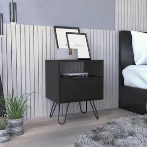Augusta Nightstand , End Table, Side Table Single Door Cabinet, Hairpin Legs -Black