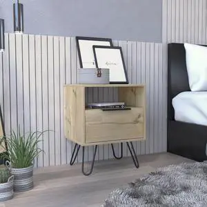Augusta Nightstand , End Table, Side Table Single Door Cabinet, Hairpin Legs -Light Oak
