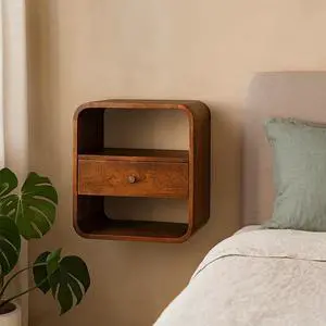 Solid Wood Chestnut Curved Edge Nightstand, 1 Drawer, 2 Open-Slots