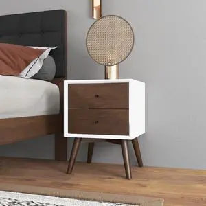 Caroline Mid Century Modern Style 2-Drawer White Night Stand Solid Wood 23.6"H x 17.7"W x 15.7"D for Bedroom, Hallway, Entryway, Closet