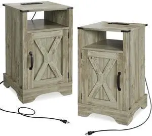 Farmhouse Nightstand Side Table, Wooden Rustic End Table, Tall Bedside Table with Electrical Outlets Charging Station  (2 Sets) - Light Gray