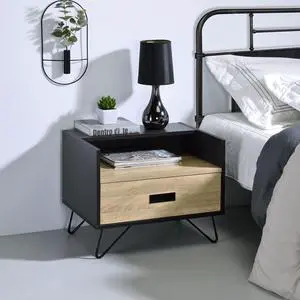 Oak and Black Nightstand with 1 Drawer