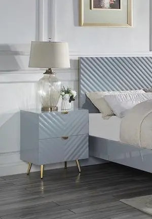 Modern Glam High Gloss Gray Finish Two Storage Drawers Nightstand 1pc Gold Metal Legs Bedside Table Wooden Furniture