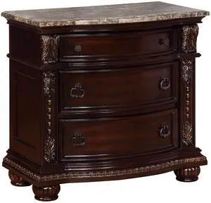 1pc Marble Top Three Drawers Nightstand Intricate Moldings Beautifully Curved Silhouette Brown Dark Cherry Finish Bedroom Solid Wood Furniture