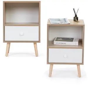 Mid-Century Wood Nightstand Set of 2, Bed Sofa Side Table with Drawer and Shelf, Modern End Table for Living Room Bedroom Office