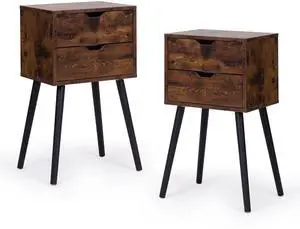 ightstand with 2 Drawers, Bedside Tables with Solid Wood Legs and Storage, End Table, Side Table, Bedside Furniture for Bedroom, Living Room, Rustic Brown