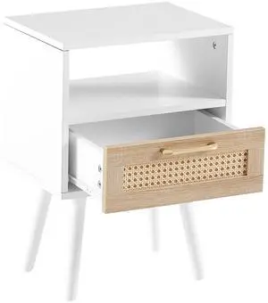 15.75" Rattan End table with drawer and solid wood legs, Modern nightstand, side table for living room, bedroom,white
