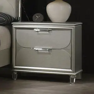 Contemporary Silver 1pc Nightstand Acrylic Handles Embossed Panels English Dovetails 2-Drawers Bedside Table