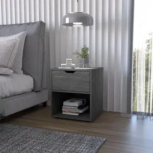 FM FURNITURE Elliott Nightstand with Elegant Drawer and Open Shelf, Ligth Gray