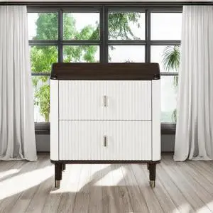 White and Brown 2-Drawer Nightstand with USB Port