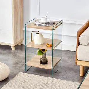 Three levels of bedside tables. The board surface is MDF, with wood grain stickers, and both sides are transparent tempered glass. The design is simple and generous, with storage function.W1512P285040