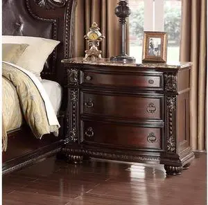 1Pc Traditional Style End Table 3-Drawer Nightstand with Marble Top Rich Brown Cherry Finish Solid Wood Wooden Bedroom