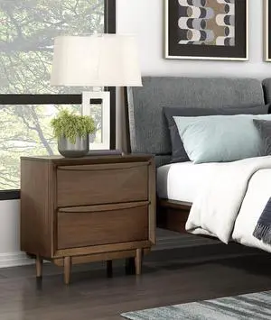 Classic Walnut Finish Nightstand of 2x Drawers and Charging Port Mid-Century Modern Bedroom Furniture 1pc