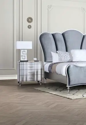 1pc Nightstand Exquisite Bedroom Silver Solidwood Turned Wood Legs Bedside Table Furniture Curved Front Panels