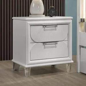Contemporary Pearl White 1pc Nightstand Acrylic Handles Embossed Panels English Dovetails 2-Drawers Bedside Table