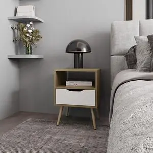 FM FURNITURE Prescott Valley Nightstand with Open Storage, Natural Oak and White