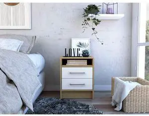 Nightstand 20"H, Two Drawers, Superior Top, Metal Handles, White / Light Oak Nightstand 20"H, Two Drawers, Superior Top, Metal Handles, White / Light Oak