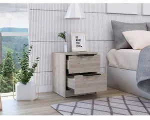 Nightstand Cervants, Two Drawers, Metal Handle, Light Gray Finish