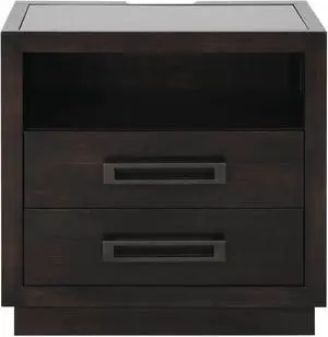 Modern Bedroom Furniture 1pc Nightstand of 2x Drawers LED Light Storage Cubby USB Ports Power Outlets Charcoal Finish Glass Insert Top Stylish Bed-Side Table