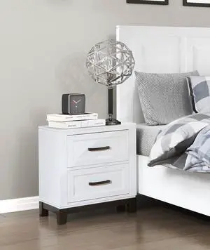 White Finish Nightstand with 2x Storage Drawers Wooden Bedroom Furniture 1pc