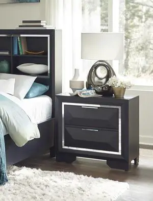 Modern Bedroom Nightstand of Two Drawers Beveled Acrylic Trim Wooden Furniture 1pc, Midnight Blue Finish
