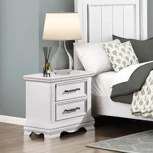 Charming White Finish 2-Drawer Nightstand Durable Wood Black Handles Classic Bedside Table 1pc Bedroom Furniture