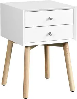 Side Table,Bedside Table with 2 Drawers and Rubber Wood Legs, Mid-Century Modern Storage Cabinet for Bedroom Living Room, White