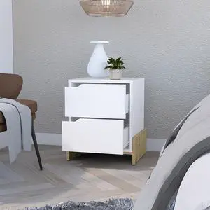 Nightstand Brookland, Bedside Table with Double Drawers and Sturdy Base, White / Macadamia Finish