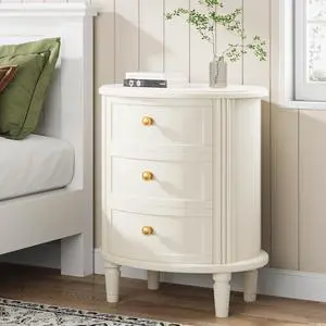 20" Oval Nightstand with 3 Drawers, Fully Assembled Farmhouse Bedside Table, Wood Side End Table with Solid Legs & Unique Design for Bedroom, Living Room, Beige White