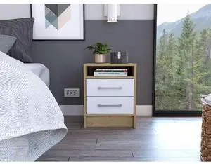 White and Light Oak 2-Drawer 1-Shelf Rectangle Nightstand