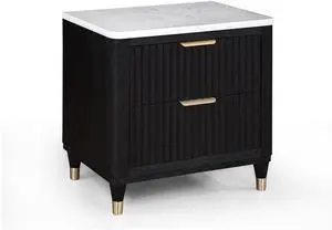 1pc Contemporary 2-Drawer Black Nightstand White Top Metal Knobs Modern Design Wooden Bedroom Furniture