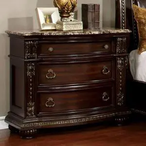 Formal Traditional 1pc Nightstand Only Brown Cherry Solid wood 3-Drawers Bedroom Furniture Genuine Marble Top