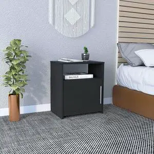 Nightstand, Single Door Cabinet, Metal Handle, One Shelf, Superior Top, Black
