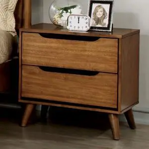 Mid-Century Modern Oak Color 1pc Nightstand Bedroom Furniture Solid wood Round Tapered Legs 2-Drawers Bedside Table