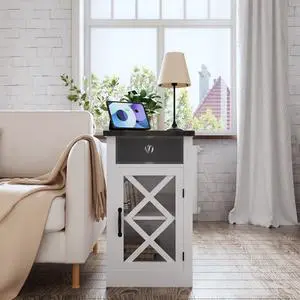 Farmhouse End Table with Charging Station, 15.4'' Rustic Nightstand with Barn Door & Adjustable Shelf, Wooden Sofa Side Table with 3-Tier Storage for Living Room, Bedroom, White Farmhouse End Table with Charging Station, 15.4'' Rustic Nightstand with Barn Door & Adjustable Shelf, Wooden Sofa Side Table with 3-Tier Storage for Living Room, Bedroom, White