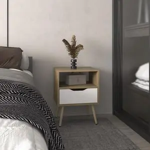 Wenden 21" High Nightstand, One Drawer, One Open Shelf, Natural Oak, White