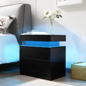 Nightstand LED Bedside Table Cabinet Lights Modern End Side with 2 Drawers for Bedroom (Black) Nightstand LED Bedside Table Cabinet Lights Modern End Side with 2 Drawers for Bedroom (Black)