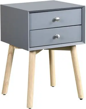 Side Table,Bedside Table with 2 Drawers and Rubber Wood Legs, Mid-Century Modern Storage Cabinet for Bedroom Living Room, Gray