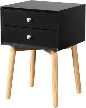 Side Table,Bedside Table with 2 Drawers and Rubber Wood Legs, Mid-Century Modern Storage Cabinet for Bedroom Living Room, Black