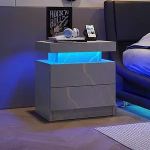 Nightstand LED Bedside Table Cabinet Lights Modern End Side with 2 Drawers for Bedroom (Grey Gold) Nightstand LED Bedside Table Cabinet Lights Modern End Side with 2 Drawers for Bedroom (Grey Gold)