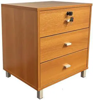Three drawer nightstand locking top drawer metal drawer glides metal bar handles light cherry color
