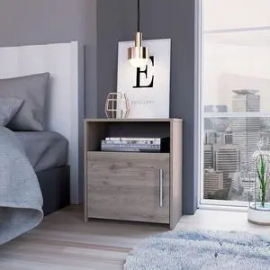 Nightstand, Single Door Cabinet, Metal Handle, One Shelf, Superior Top, Light Gray Nightstand, Single Door Cabinet, Metal Handle, One Shelf, Superior Top, Light Gray