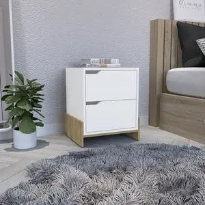 Nightstand with 2-Drawers, End Table with Sturdy Base, White / Macadamia