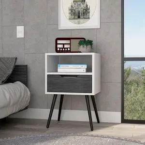 Nightstand 25"H, Superior Top, Four Legs, One Open Shelf, One Drawer, Smokey Oak / White